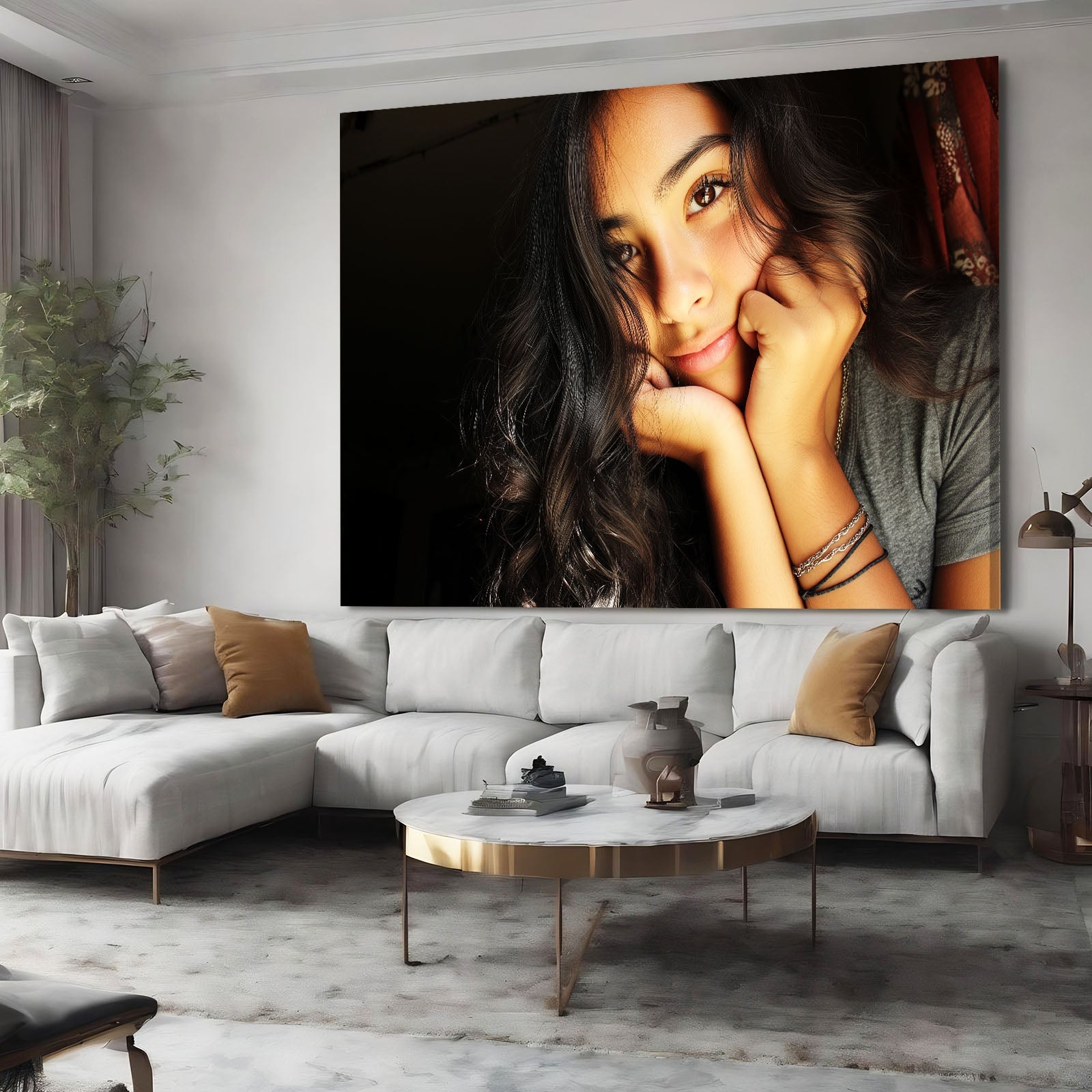 Pensive Gaze Women Photography Art Prints – above a white sofa with soft cushions