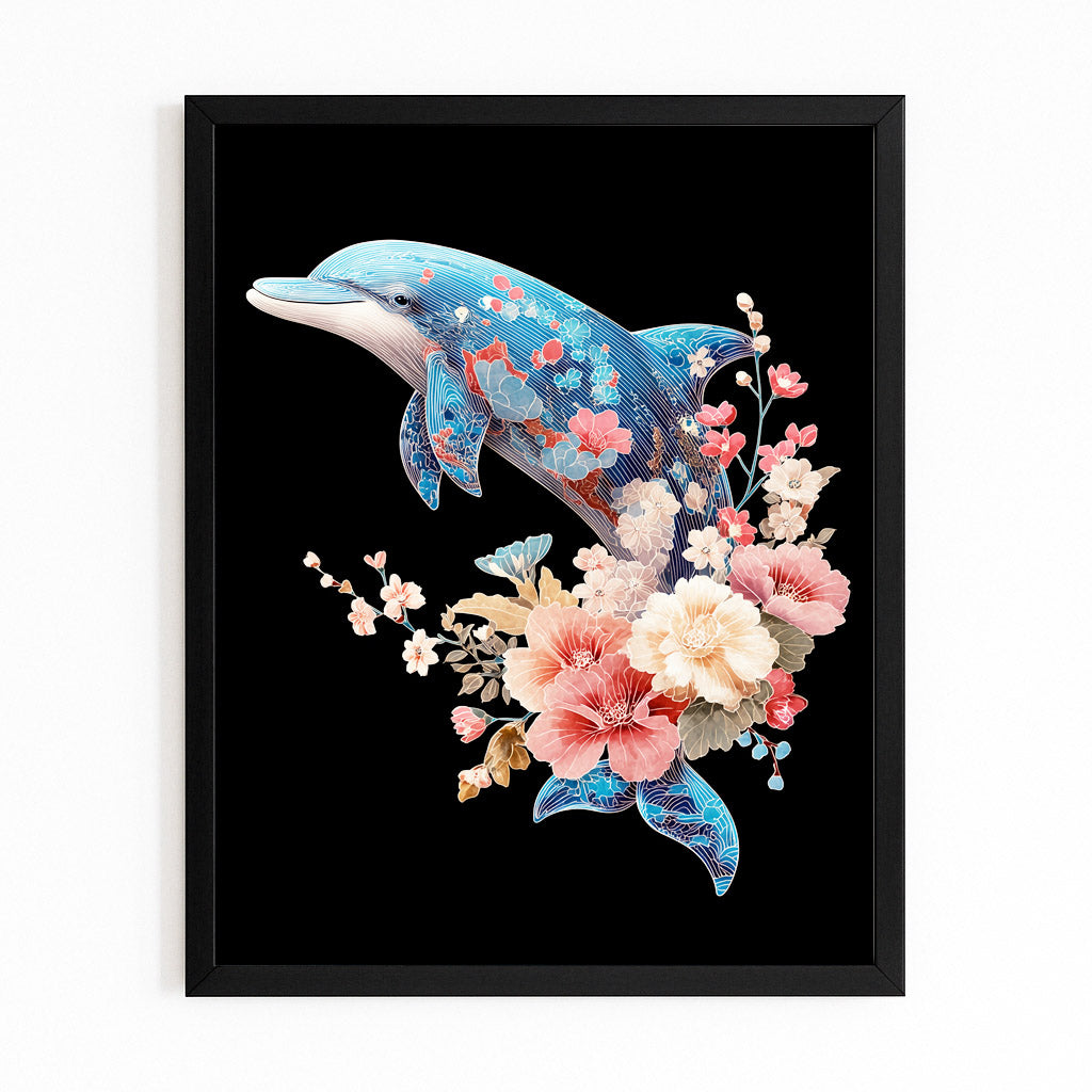 Peony Crown Dolphin Art – dolphin adorned with peach and pink peonies on a deep black background