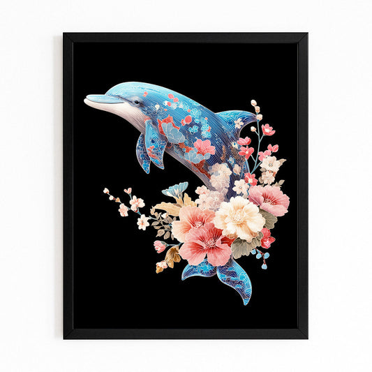 Peony Crown Dolphin Art – dolphin adorned with peach and pink peonies on a deep black background