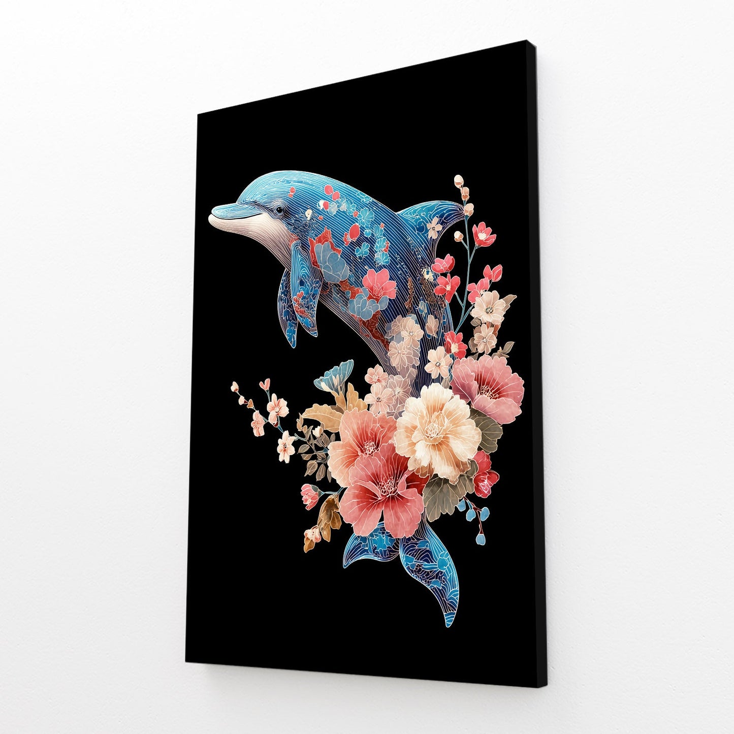 Peony Crown Dolphin Art – angled canvas view on white background