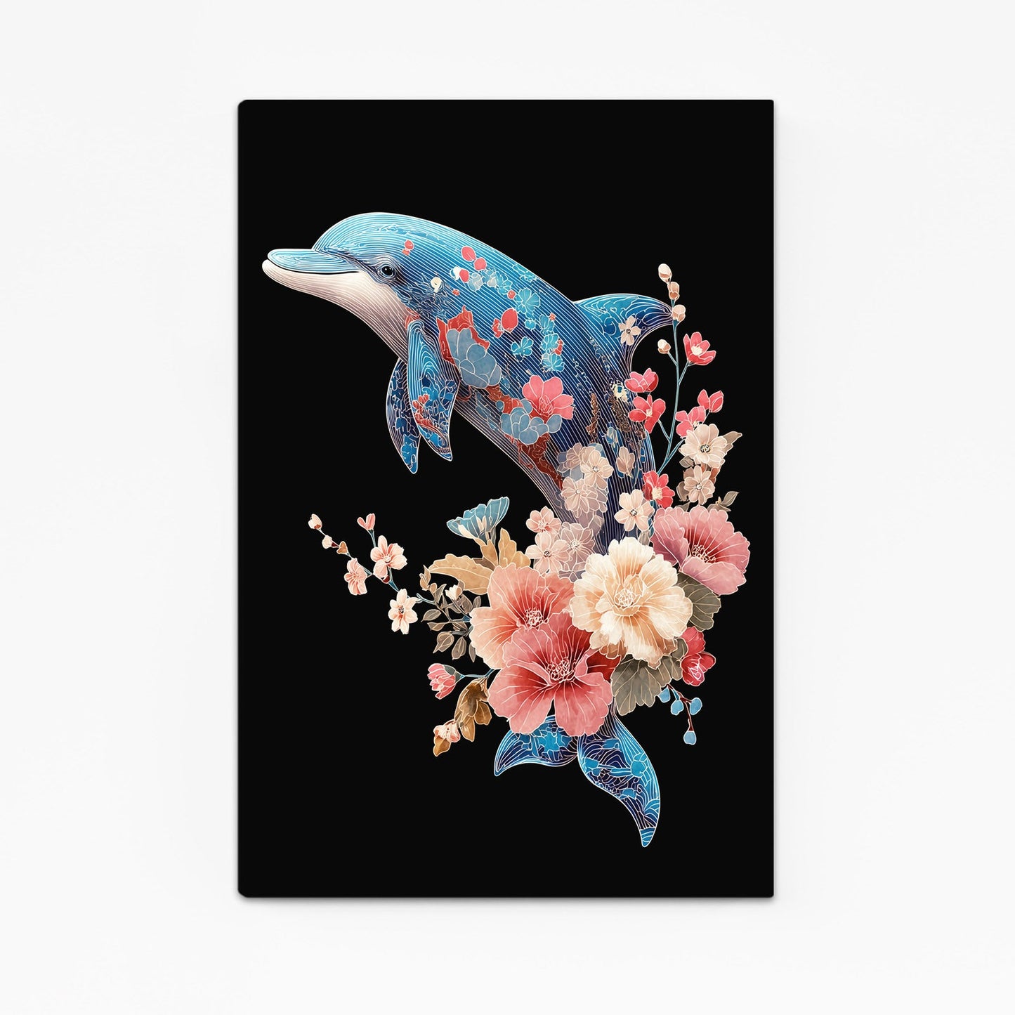 Peony Crown Dolphin Art – with Premium Black wood frame on white background