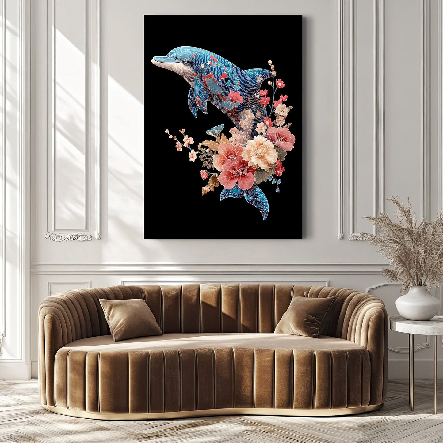 Peony Crown Dolphin Art – styled in a furnished interior