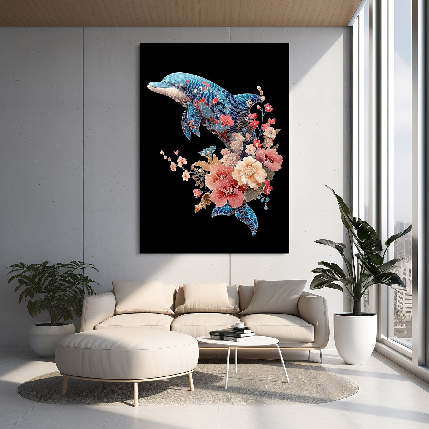 Peony Crown Dolphin Art – styled in a furnished interior