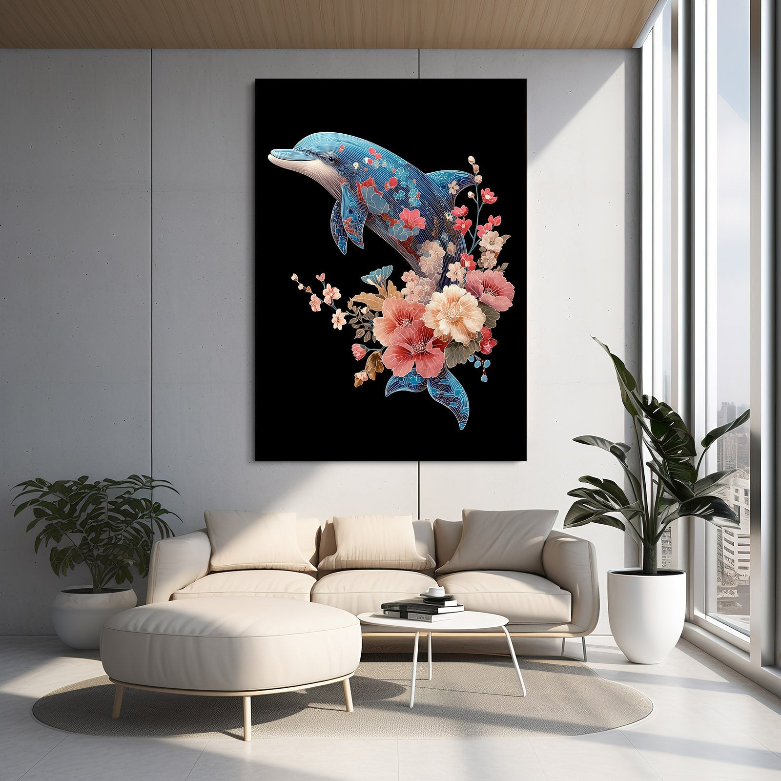 Peony Crown Dolphin Art – styled in a furnished interior