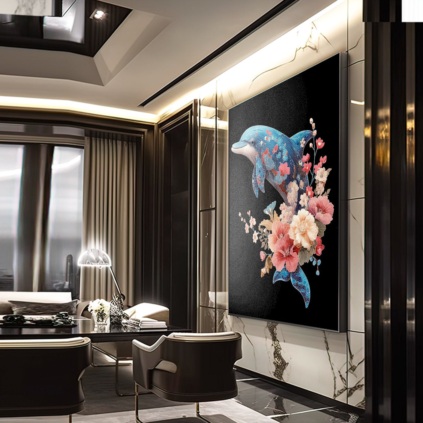 Peony Crown Dolphin Art – styled in a furnished interior