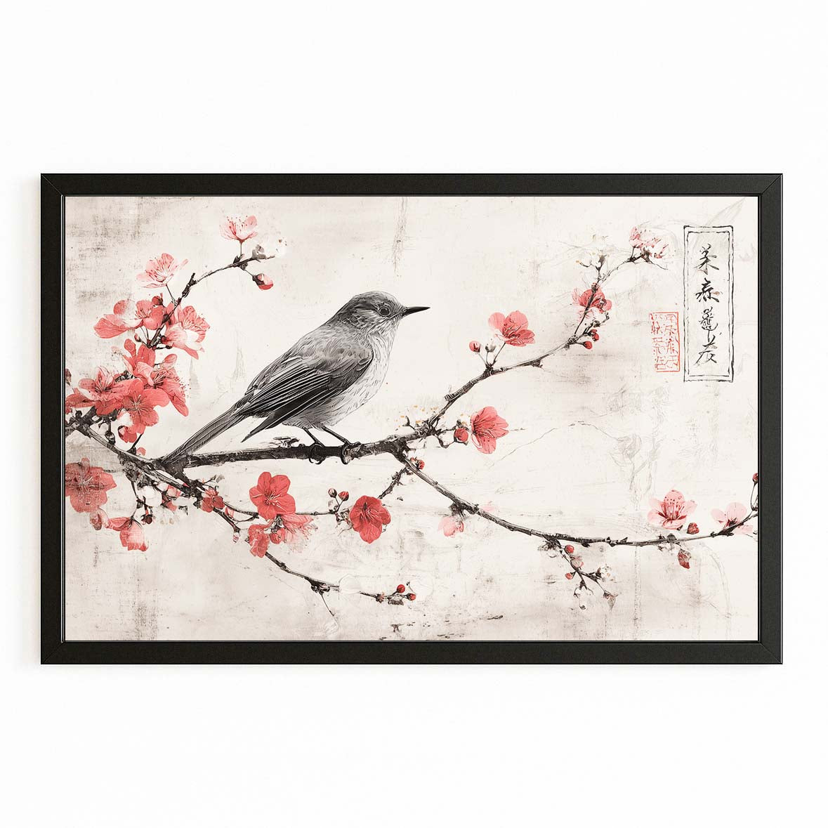 Perched Songbird Cherry Blossom Wall Art – with Premium Black frame on white background
