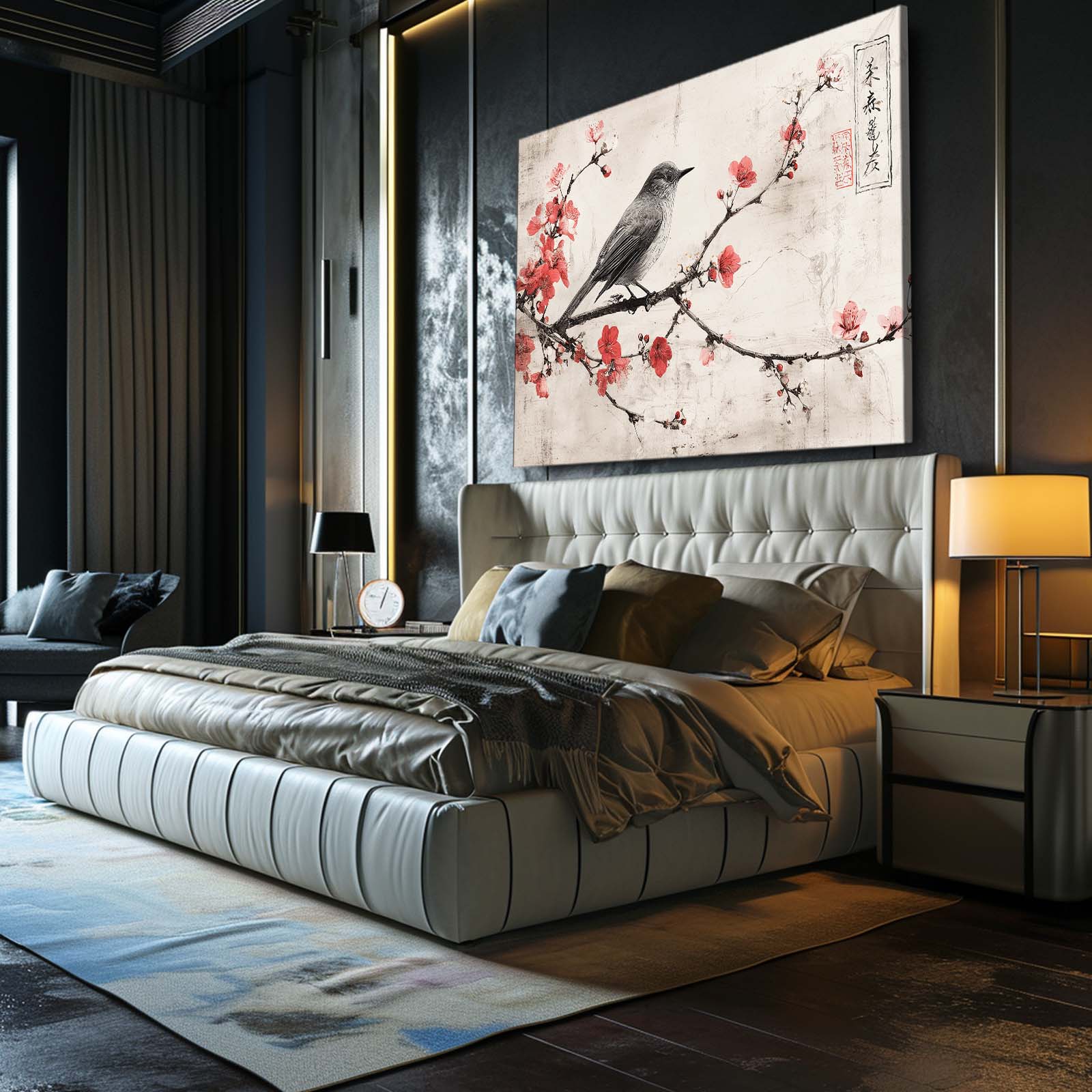 Perched Songbird Cherry Blossom Wall Art – styled in a furnished interior