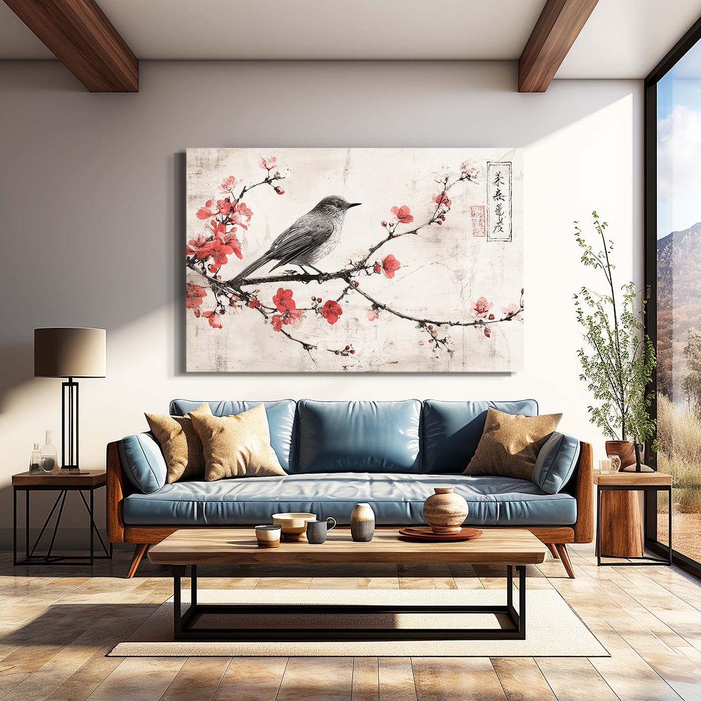 Perched Songbird Cherry Blossom Wall Art – styled in a furnished interior