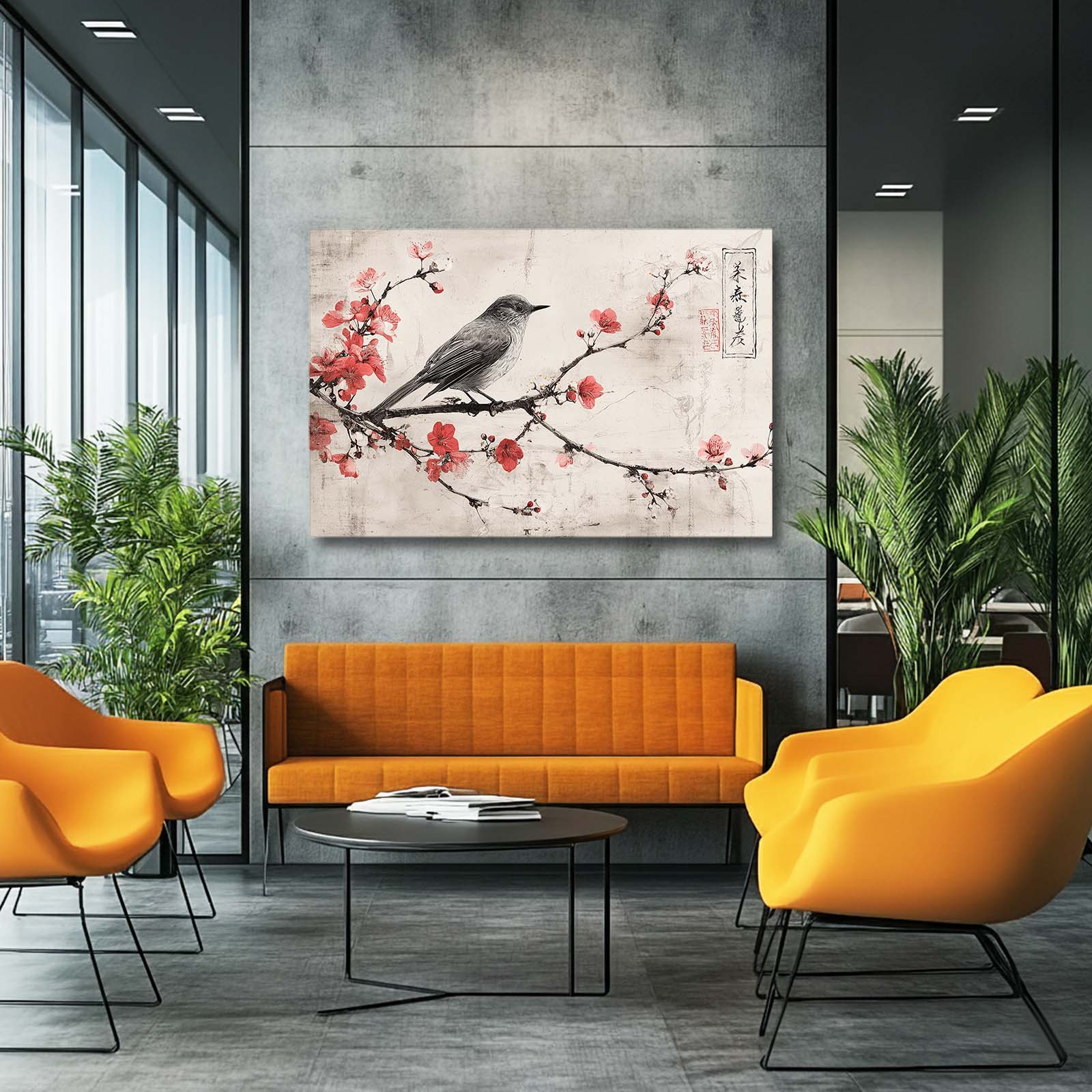 Perched Songbird Cherry Blossom Wall Art – styled in a furnished interior