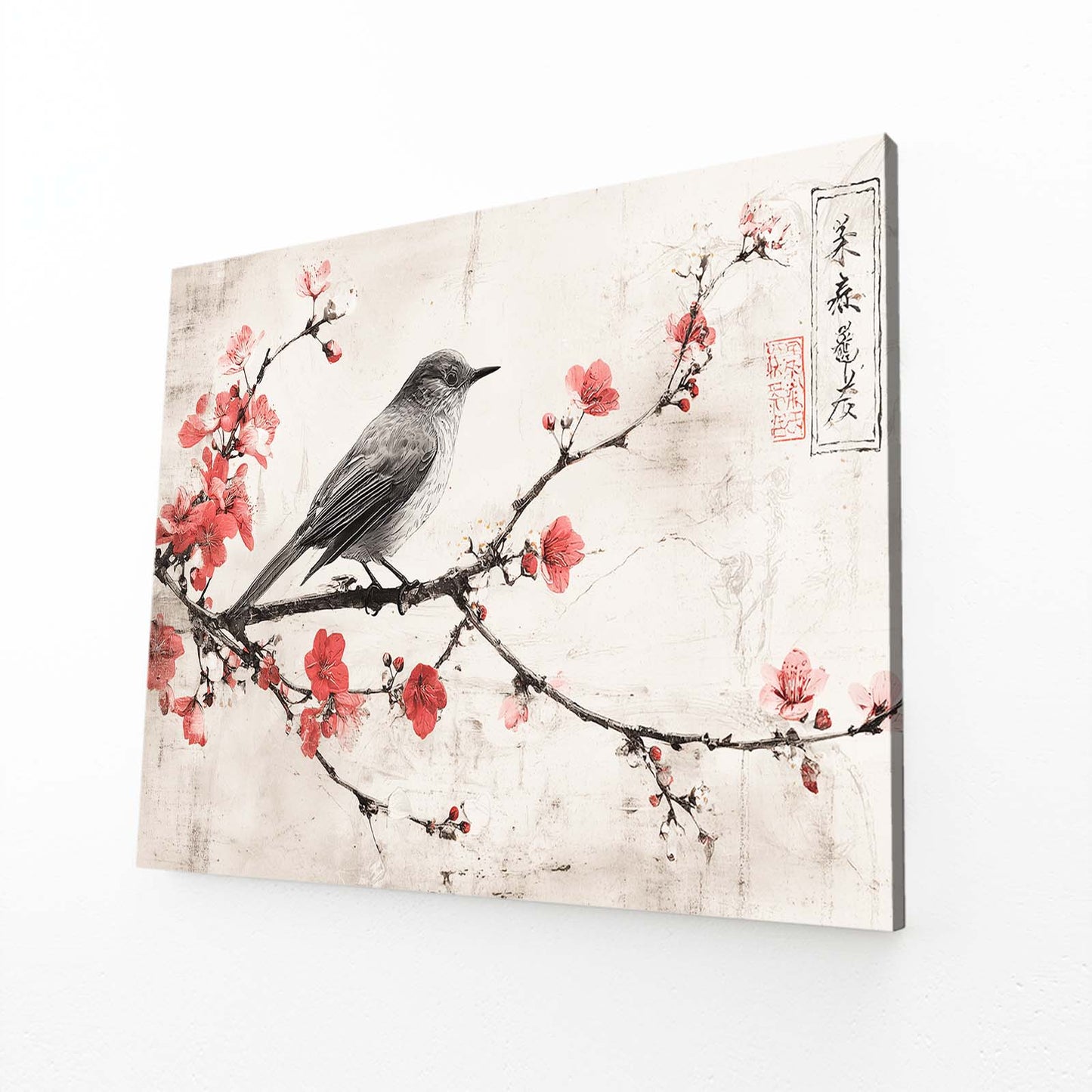 Perched Songbird Cherry Blossom Wall Art – angled canvas view on white background