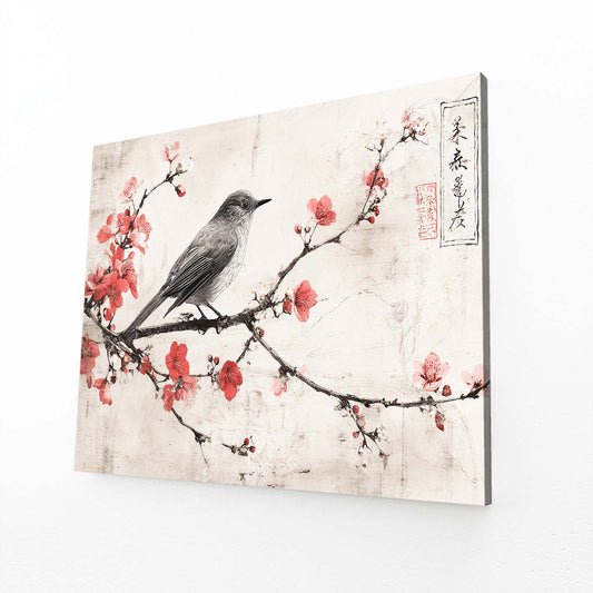 Perched Songbird Cherry Blossom Wall Art – angled canvas view on white background