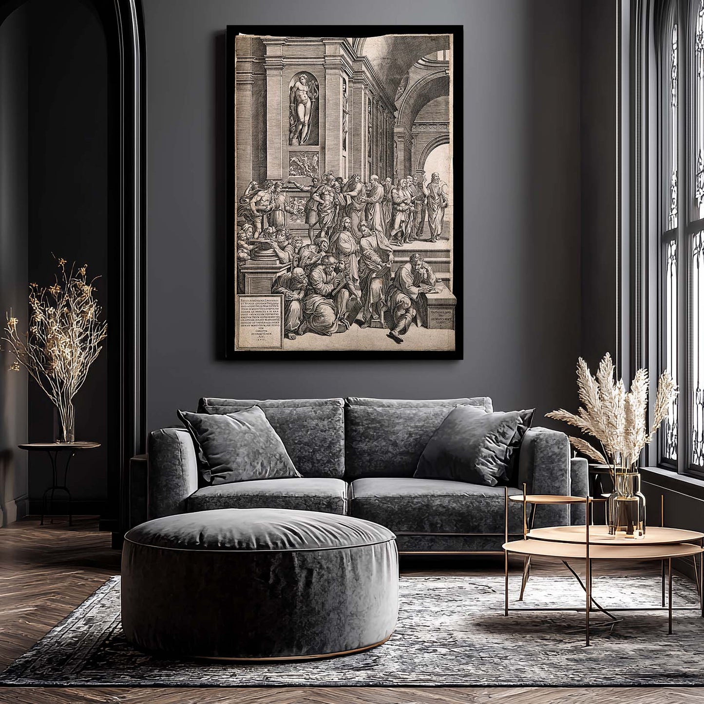 Perspective Hall Engraving Da Vinci Wall Art – styled in a furnished interior