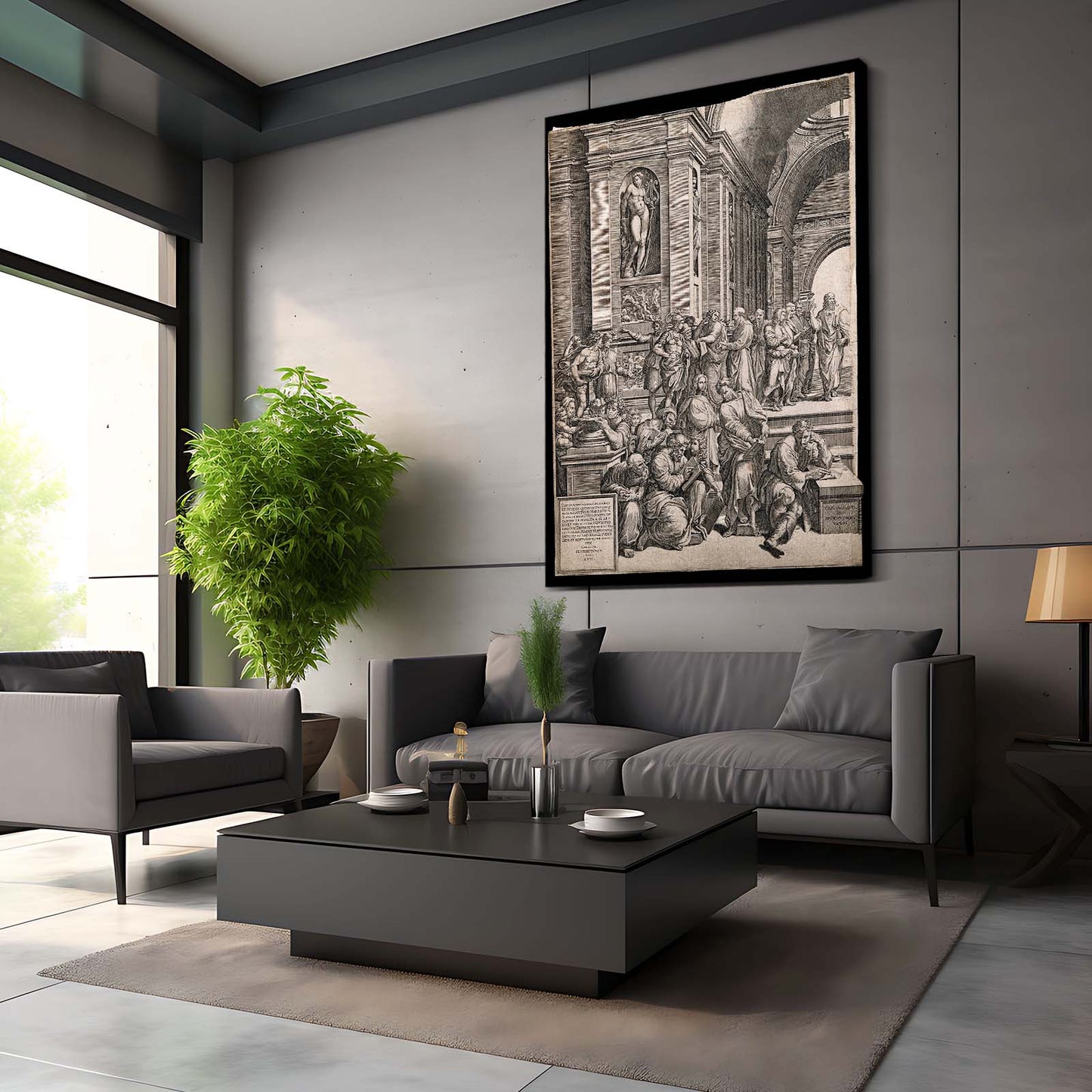 Perspective Hall Engraving Da Vinci Wall Art – styled in a furnished interior