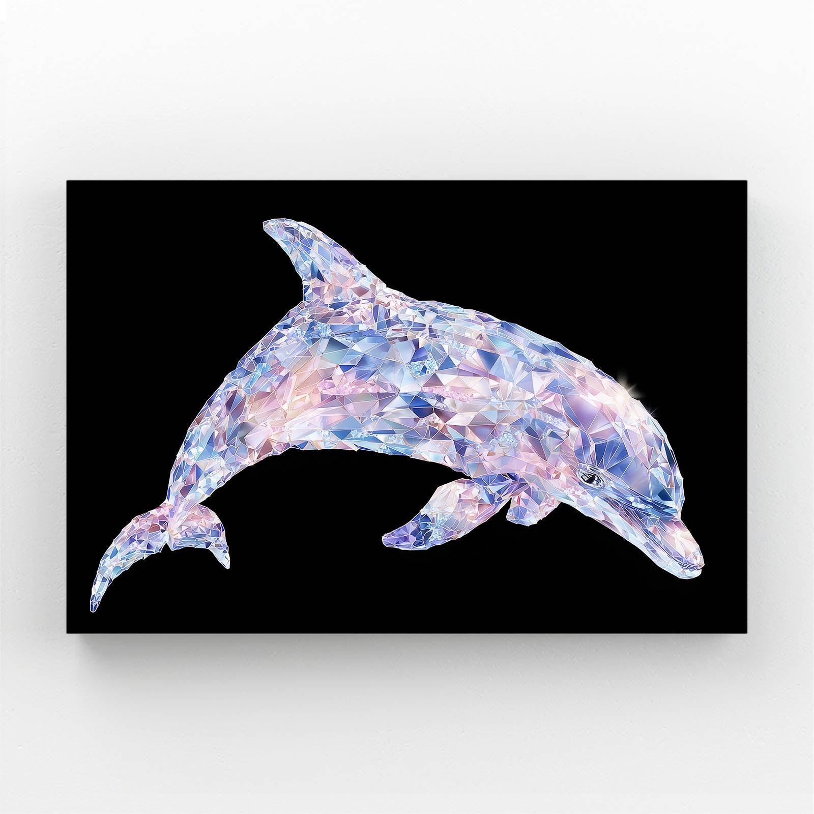 Petal Mosaic Dolphin Canvas – dolphin composed of soft pink and blue floral mosaic pieces on black