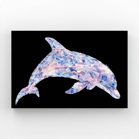 Petal Mosaic Dolphin Canvas – dolphin composed of soft pink and blue floral mosaic pieces on black
