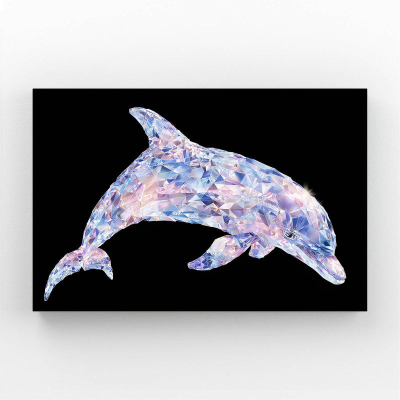 Petal Mosaic Dolphin Canvas – dolphin composed of soft pink and blue floral mosaic pieces on black