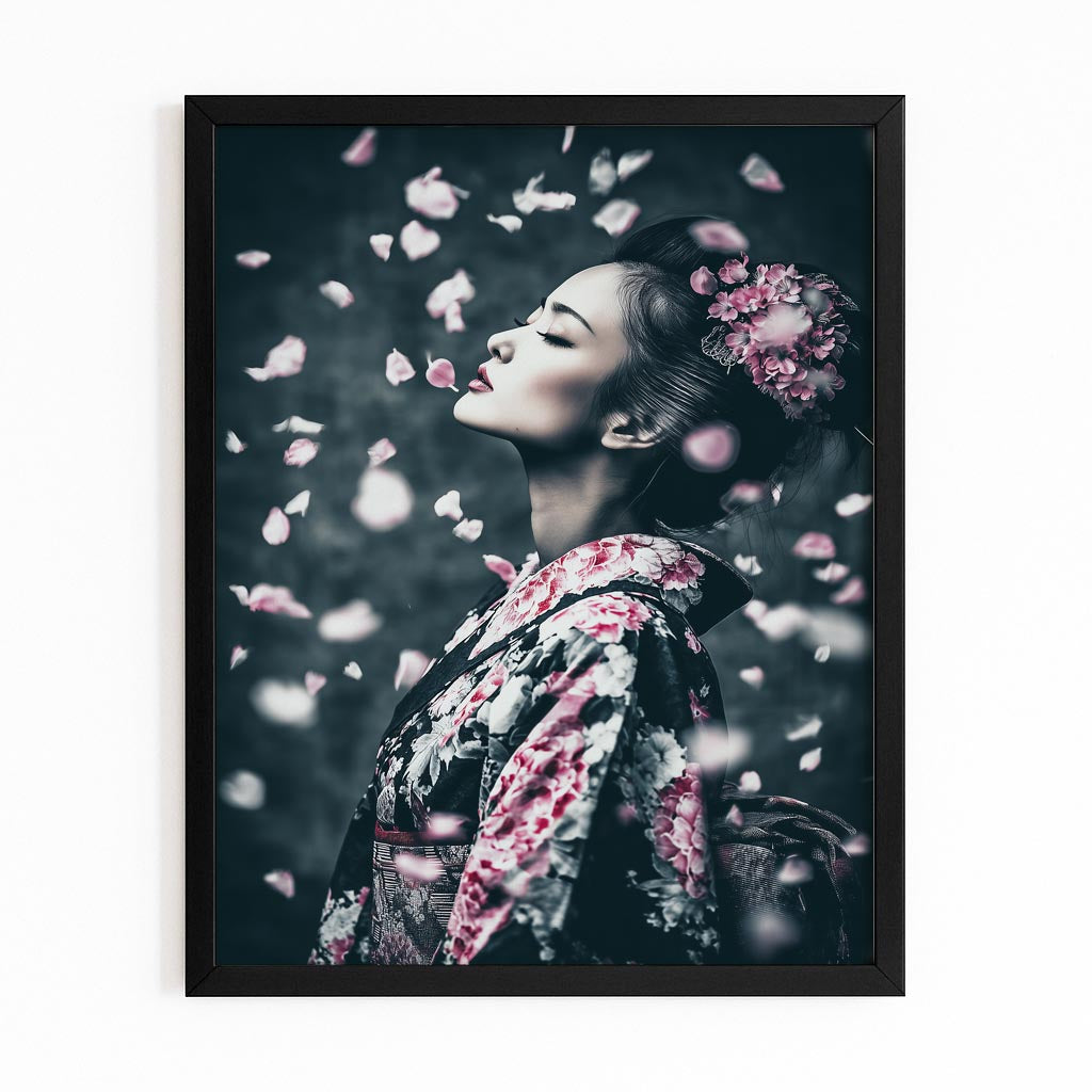 Petal Rain Geisha Cherry Blossom Canvas Art – with Premium Black frame on white background