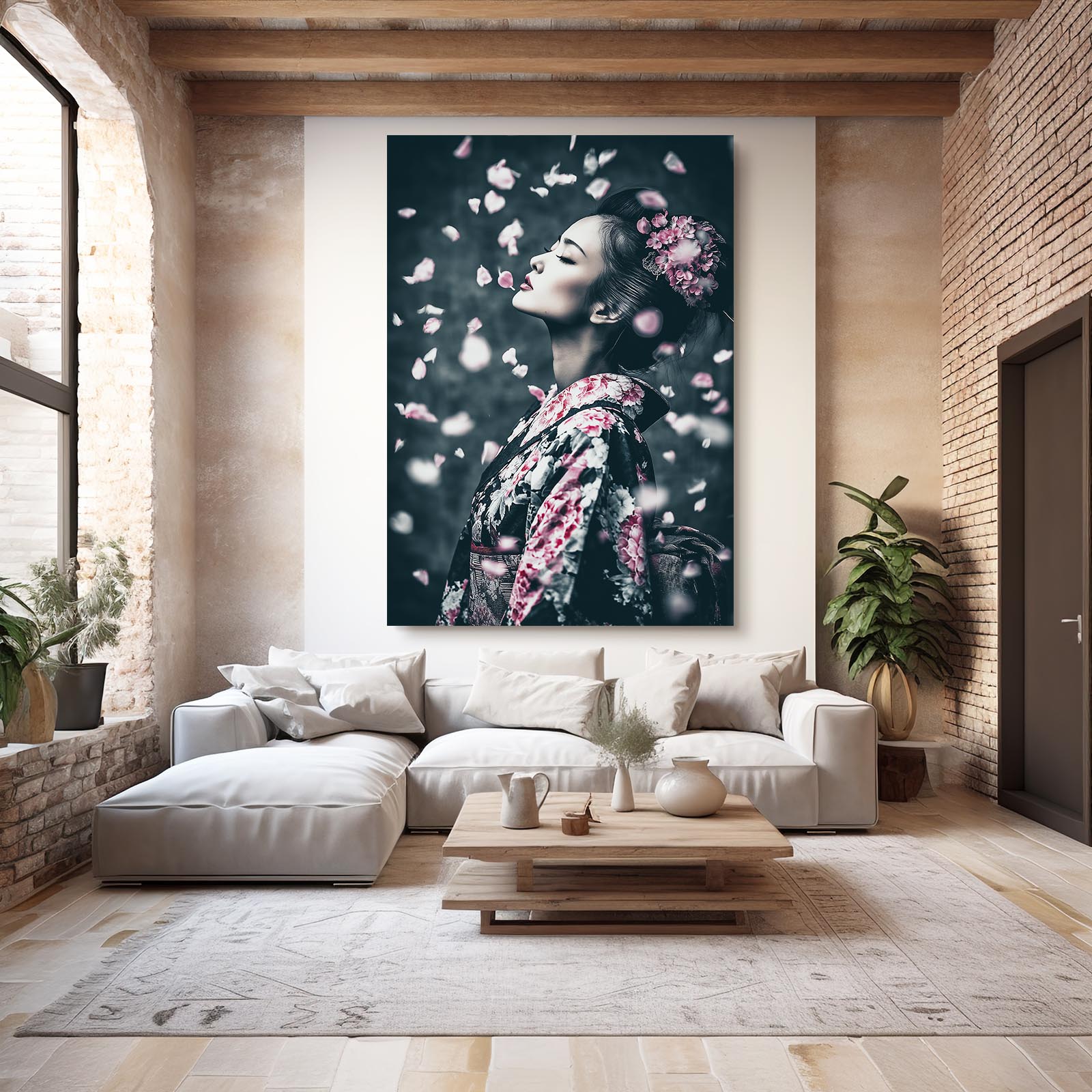 Petal Rain Geisha Cherry Blossom Canvas Art – styled in a furnished interior