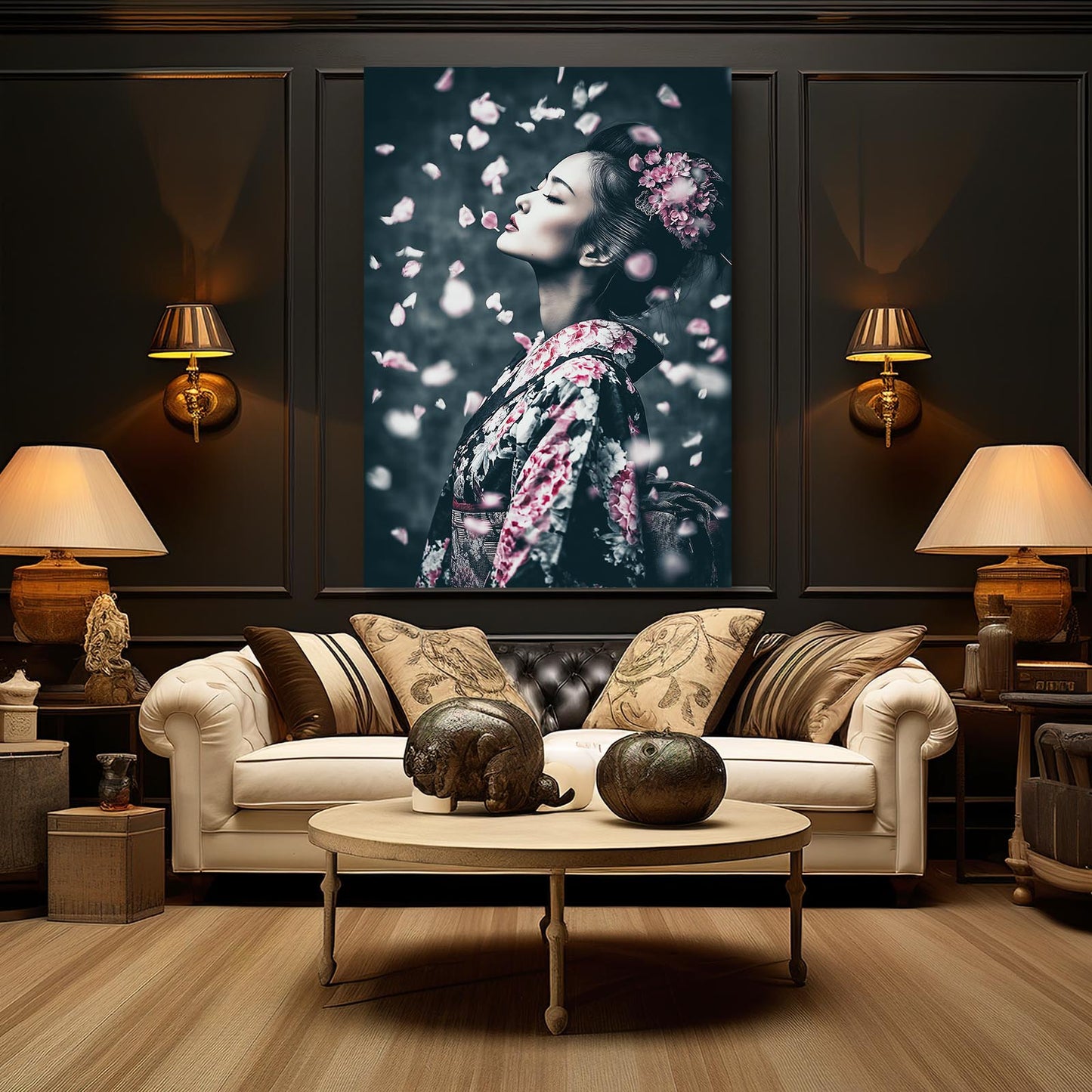 Petal Rain Geisha Cherry Blossom Canvas Art – styled in a furnished interior