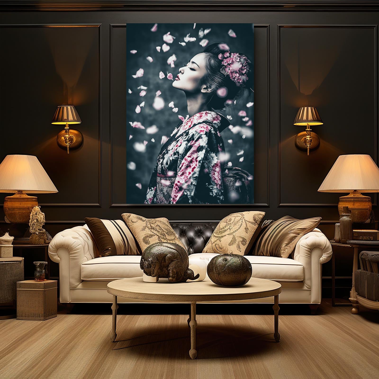 Petal Rain Geisha Cherry Blossom Canvas Art – styled in a furnished interior
