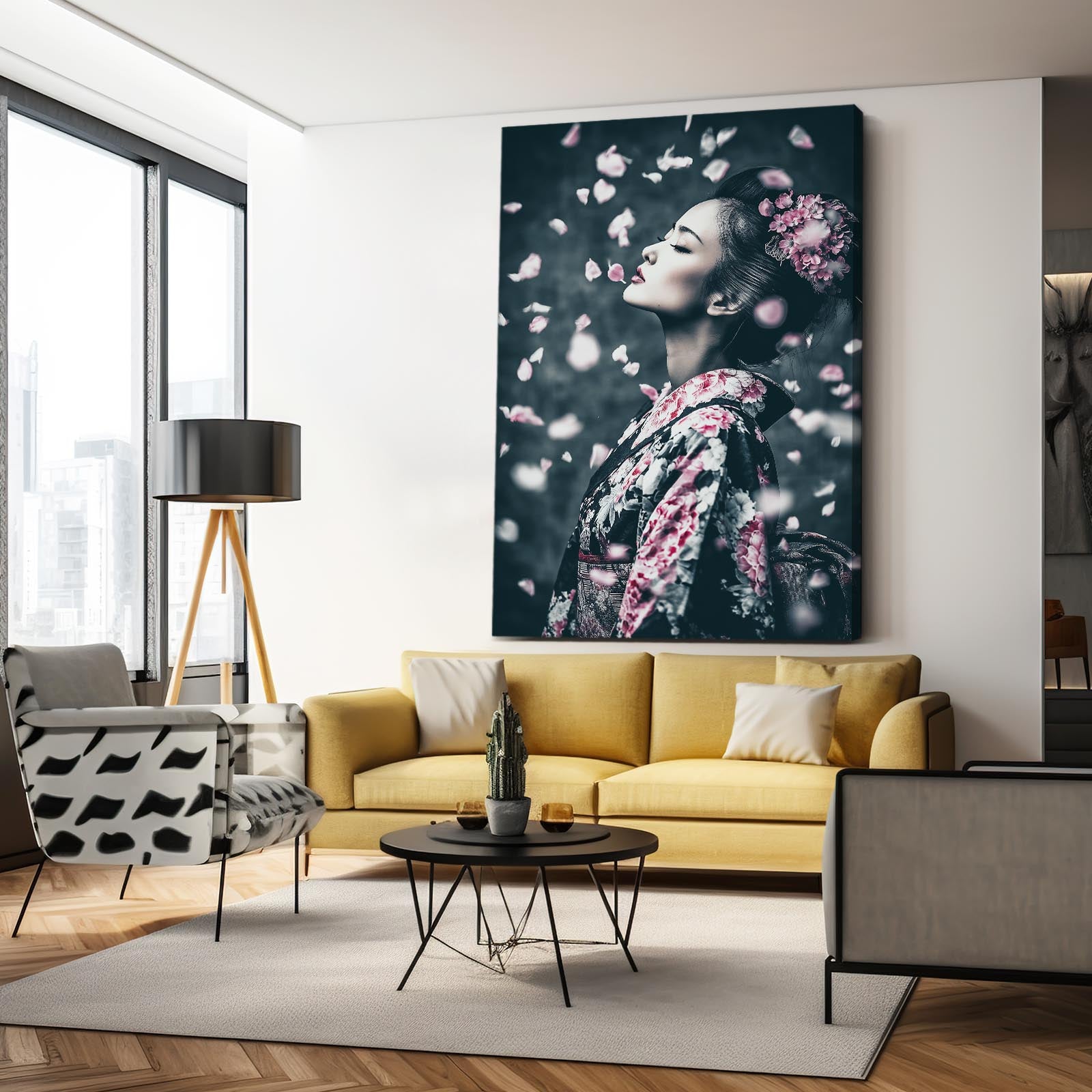 Petal Rain Geisha Cherry Blossom Canvas Art – styled in a furnished interior