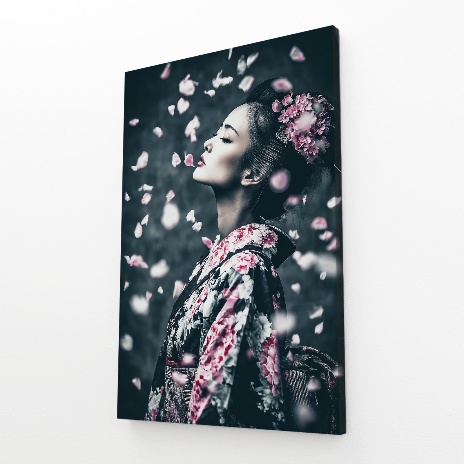 Petal Rain Geisha Cherry Blossom Canvas Art – angled canvas view on white background
