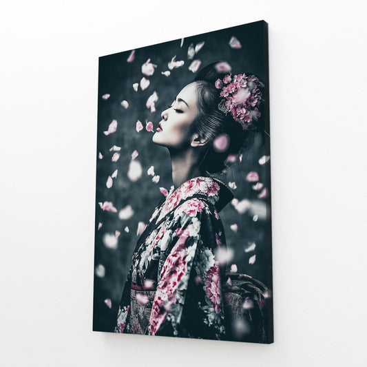 Petal Rain Geisha Cherry Blossom Canvas Art – angled canvas view on white background