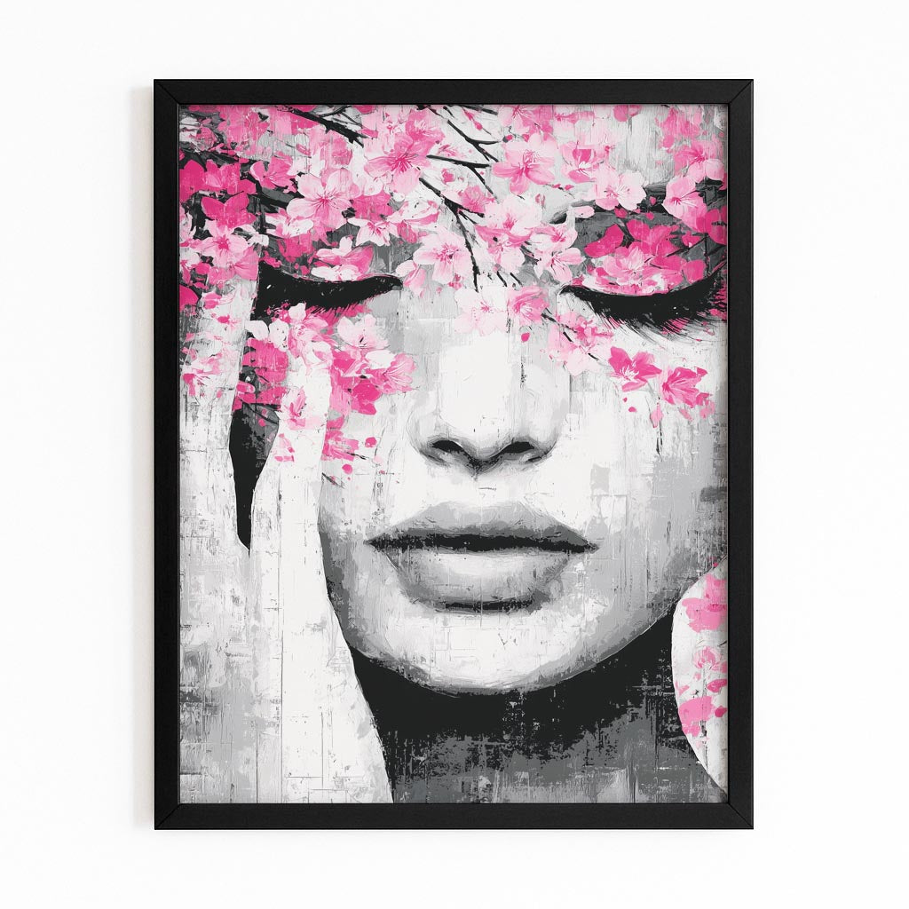 Petal Veil Portrait Cherry Blossom Canvas Art – with Premium Black frame on white background