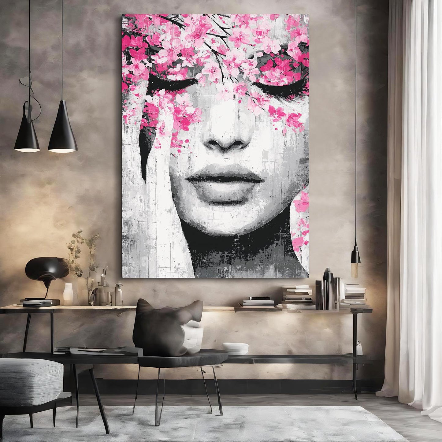 Petal Veil Portrait Cherry Blossom Canvas Art – styled in a furnished interior
