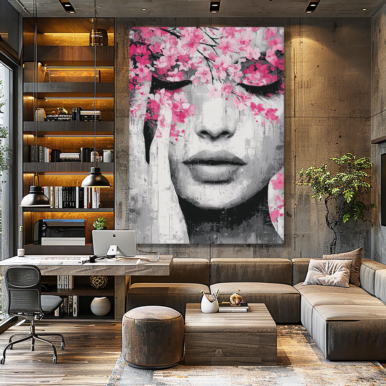 Petal Veil Portrait Cherry Blossom Canvas Art – styled in a furnished interior