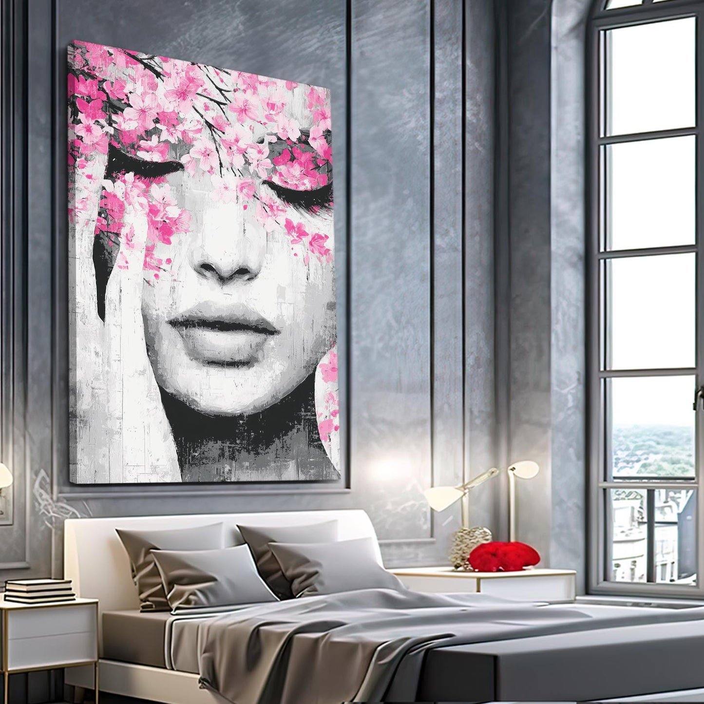 Petal Veil Portrait Cherry Blossom Canvas Art – styled in a furnished interior