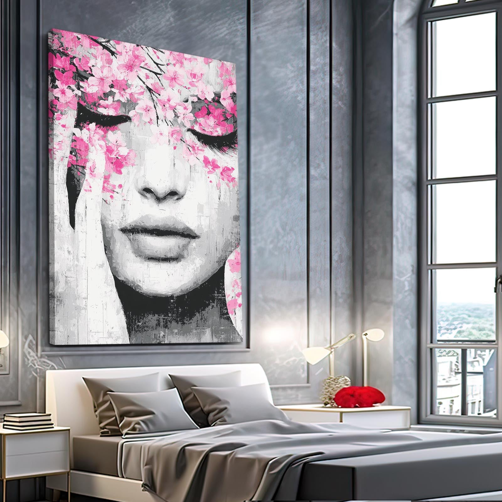 Petal Veil Portrait Cherry Blossom Canvas Art – styled in a furnished interior