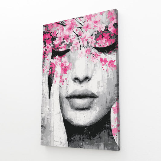 Petal Veil Portrait Cherry Blossom Canvas Art – angled canvas view on white background