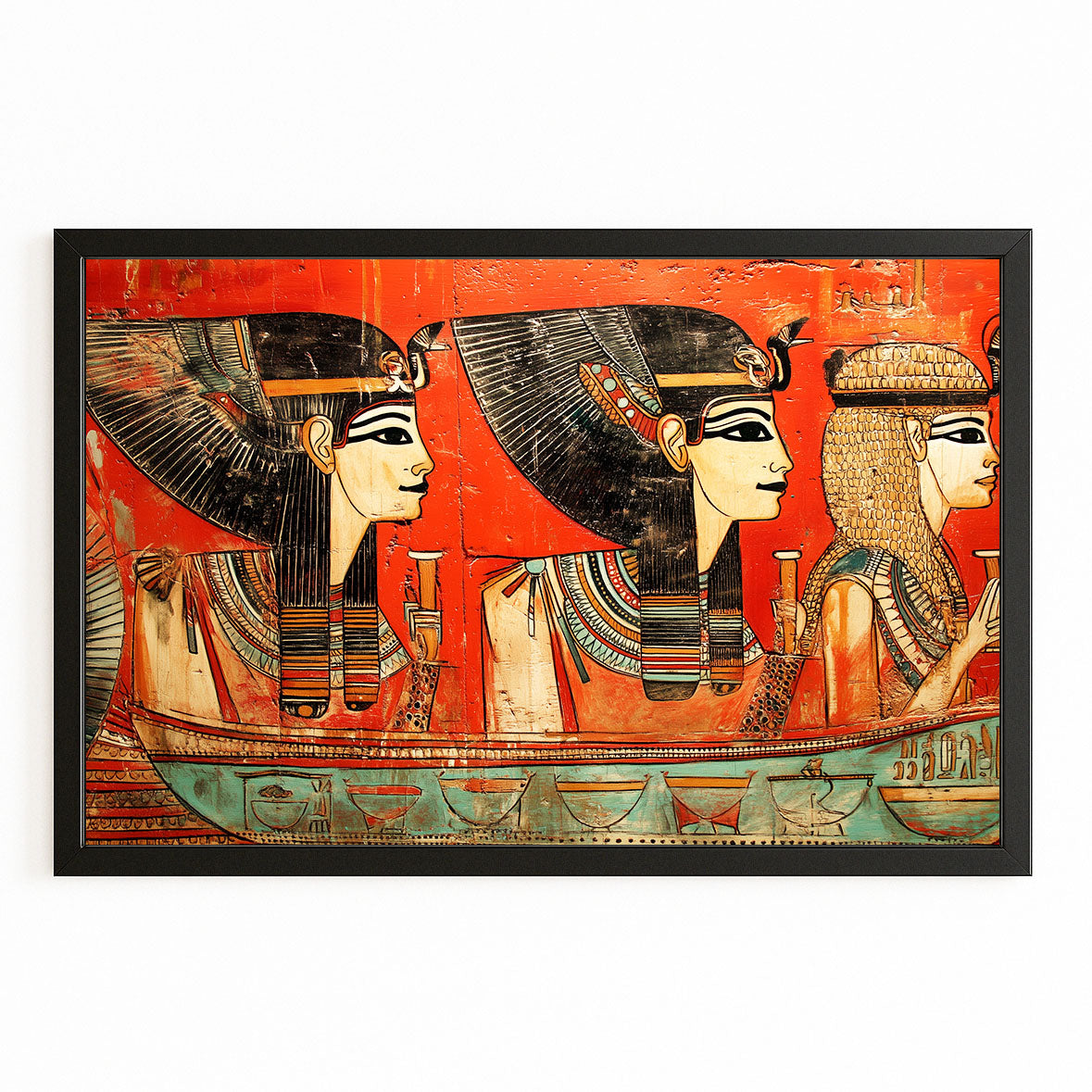 Pharaoh Profiles Orange Egyptian Art – with Premium Black frame on white background