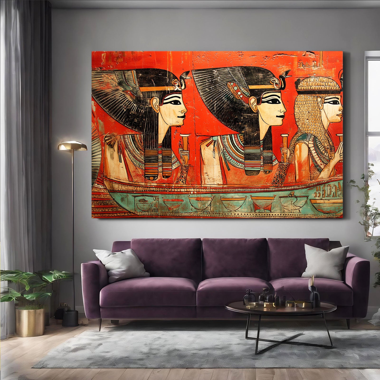 Pharaoh Profiles Orange Egyptian Art – styled in a furnished interior