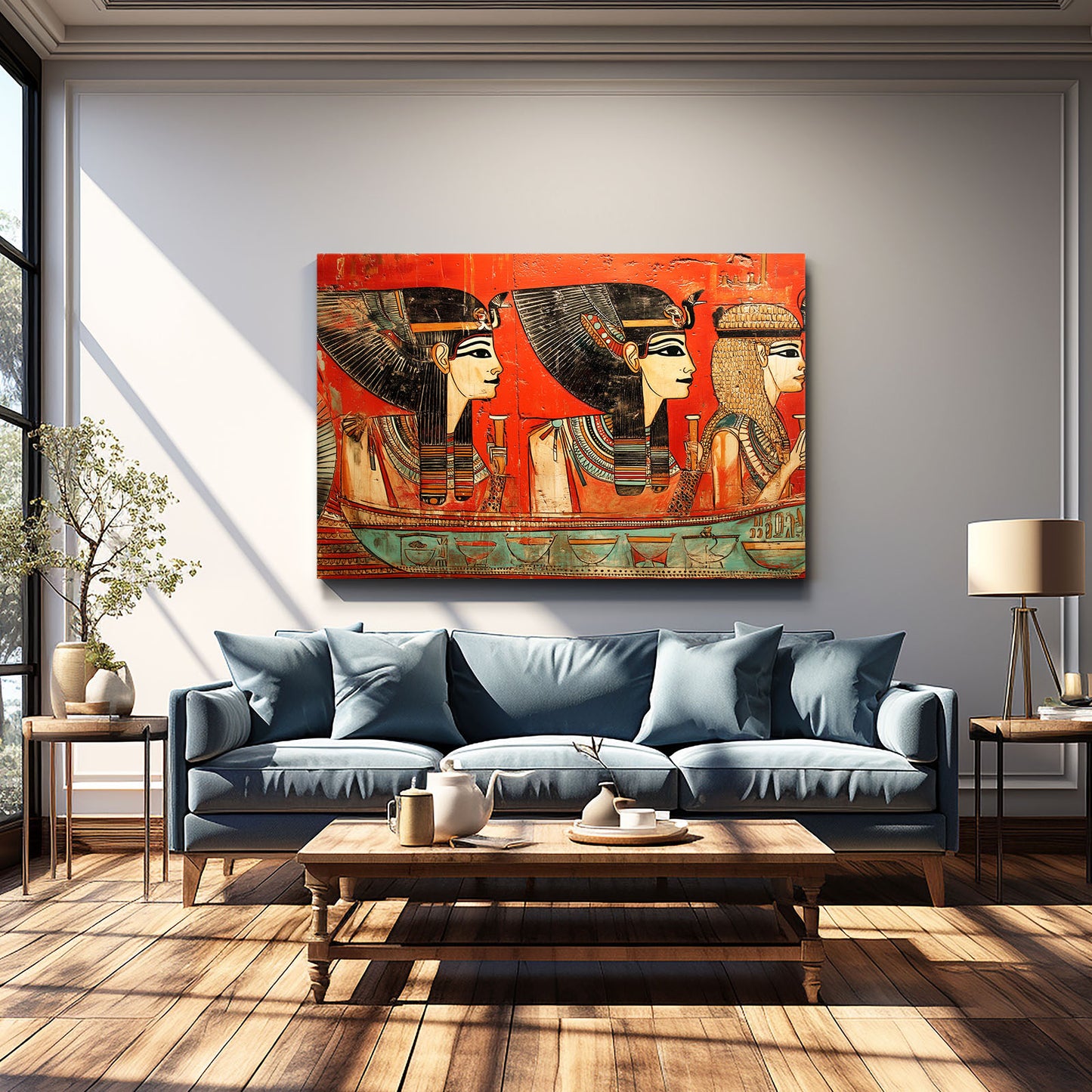 Pharaoh Profiles Orange Egyptian Art – styled in a furnished interior