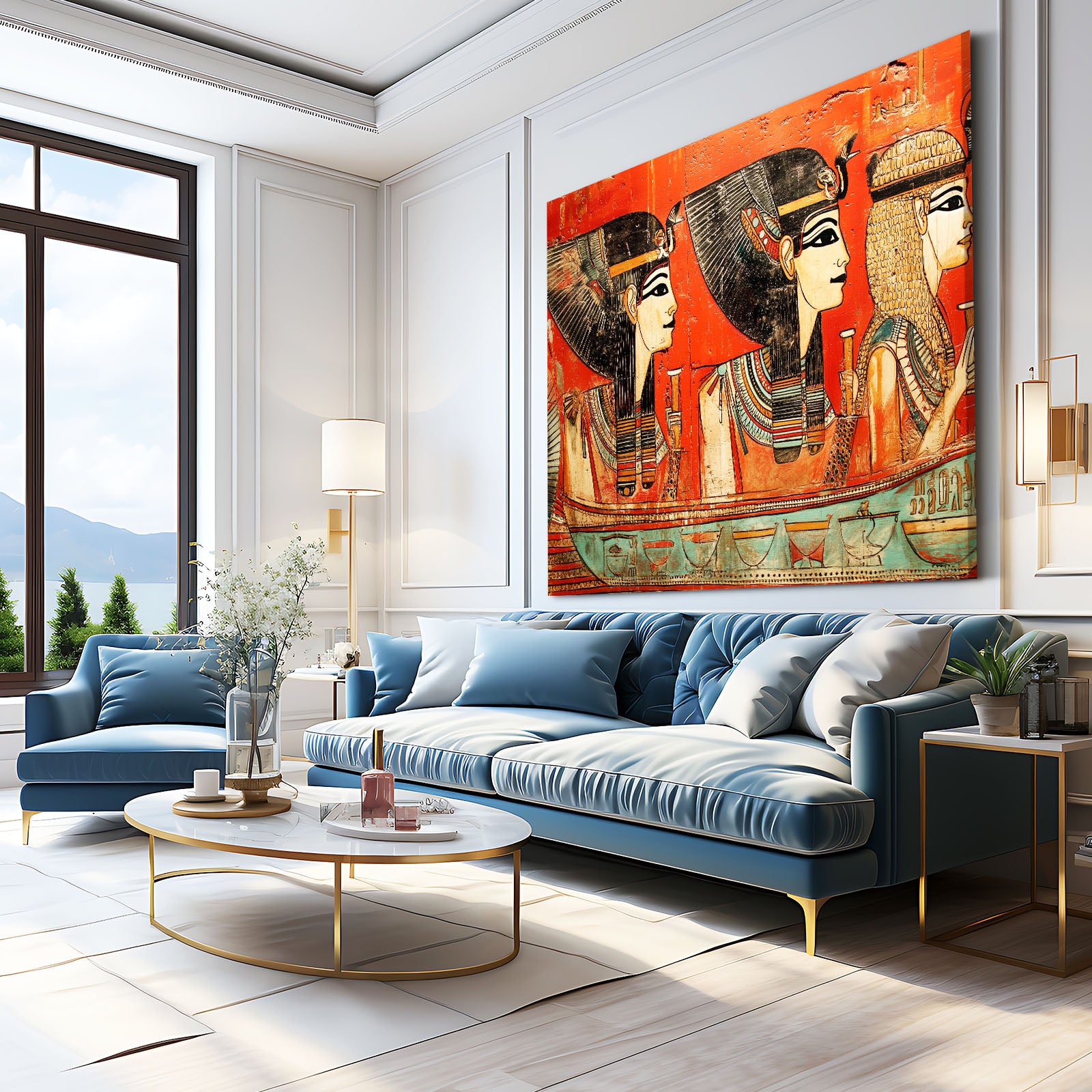 Pharaoh Profiles Orange Egyptian Art – styled in a furnished interior
