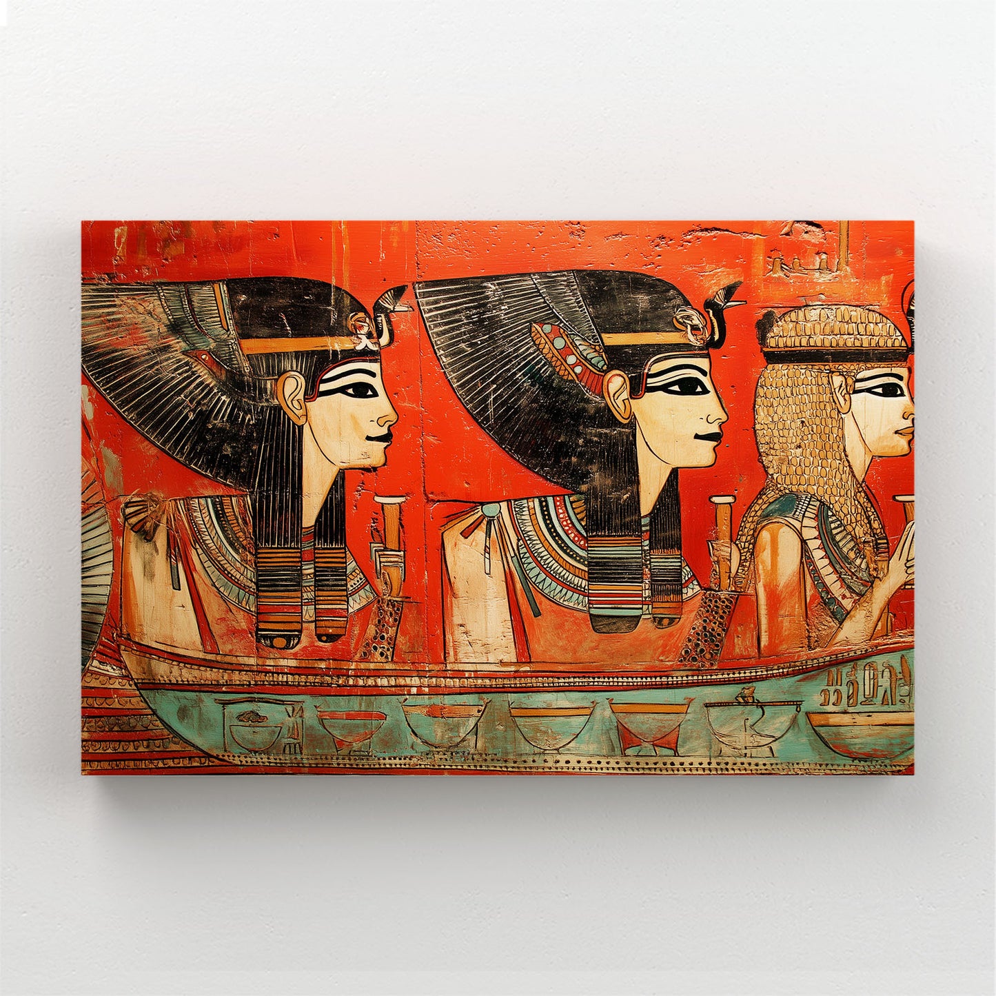 Pharaoh Profiles Orange Egyptian Art – styled in a furnished interior
