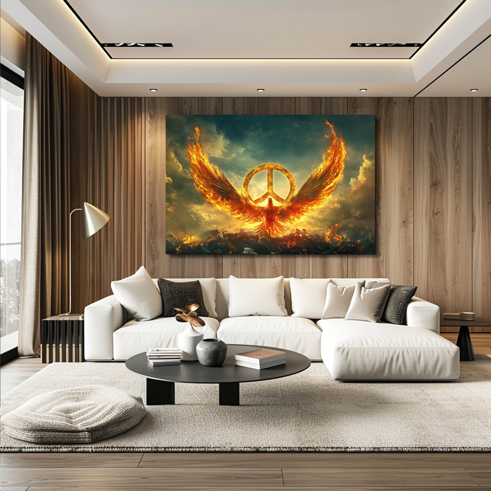 Phoenix Of Peace Canvas Art – styled in a furnished interior
