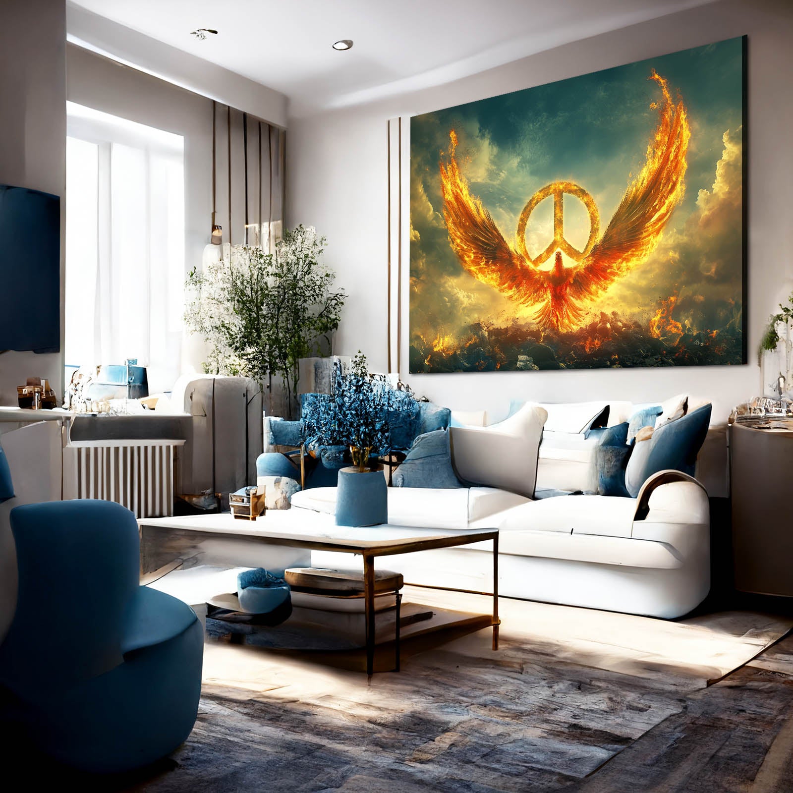 Phoenix Of Peace Canvas Art – styled in a furnished interior