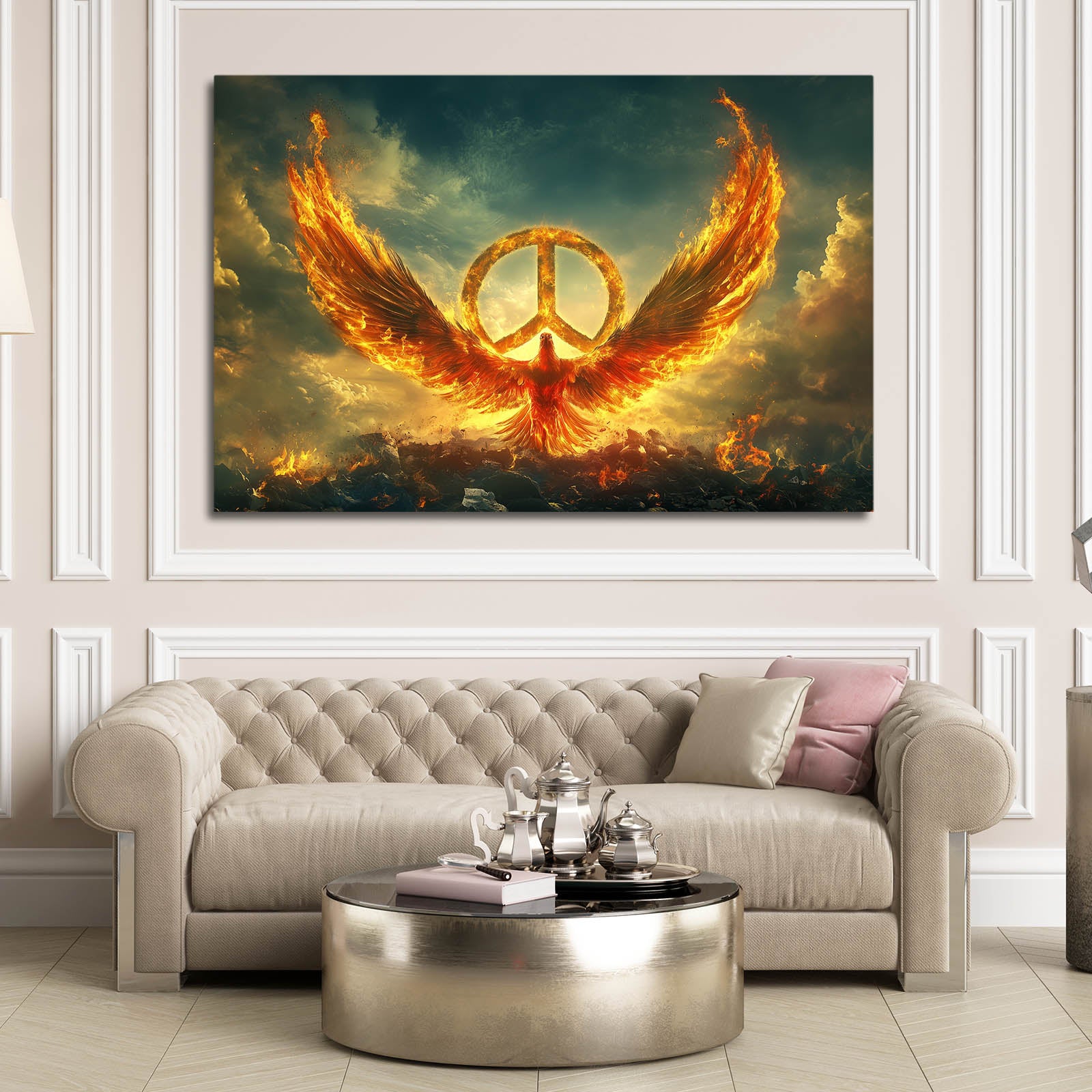 Phoenix Of Peace Canvas Art – styled in a furnished interior