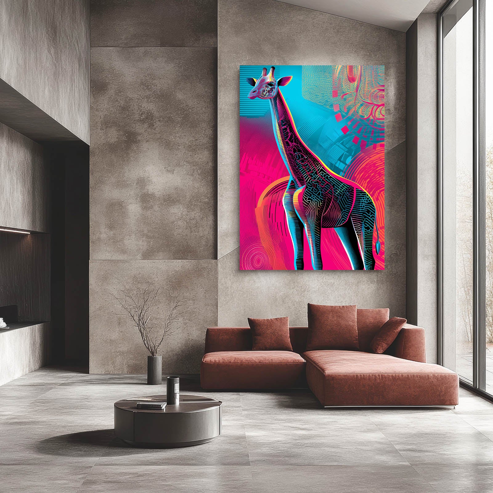 Modern living room with a colorful giraffe painting on a gray wall.