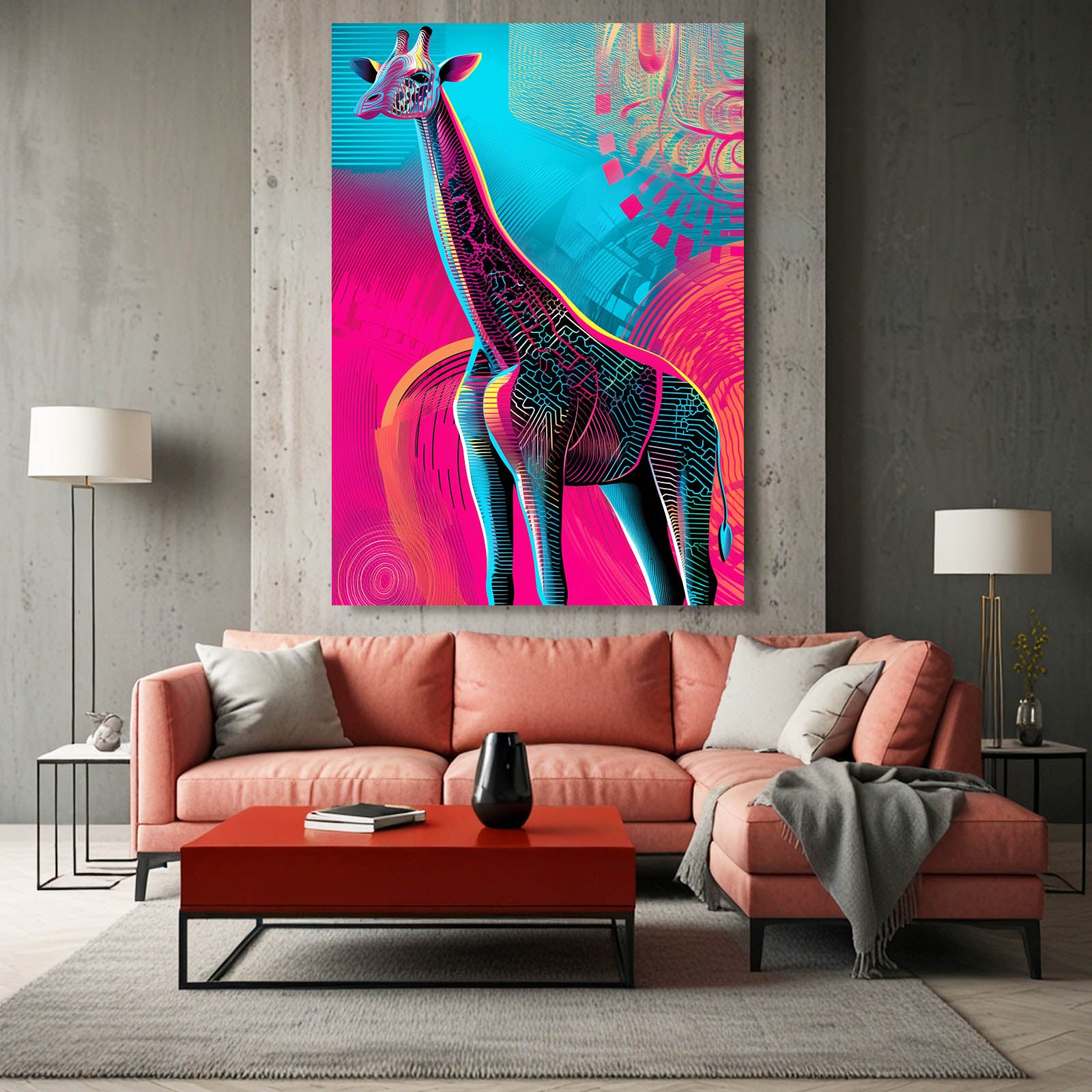 Living room with a pink sofa, red coffee table, and a colorful abstract giraffe painting on the wall.