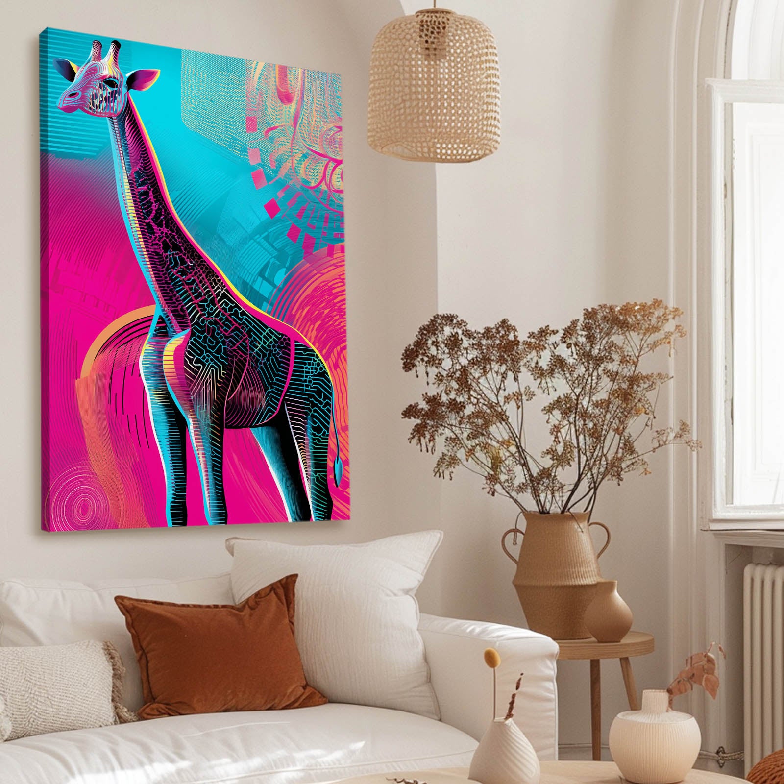 Colorful abstract giraffe painting on a wall above a white sofa with brown and white cushions.