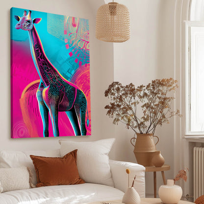Colorful abstract giraffe painting on a wall above a white sofa with brown and white cushions.