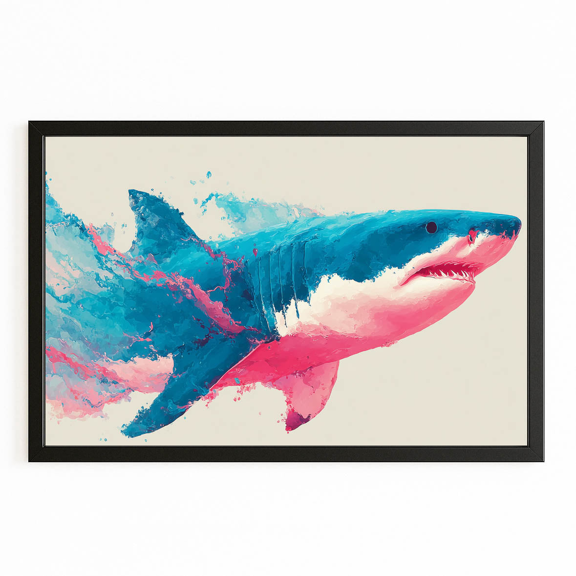 Pink and Teal Watercolor Shark Art – with Premium Black frame on white background