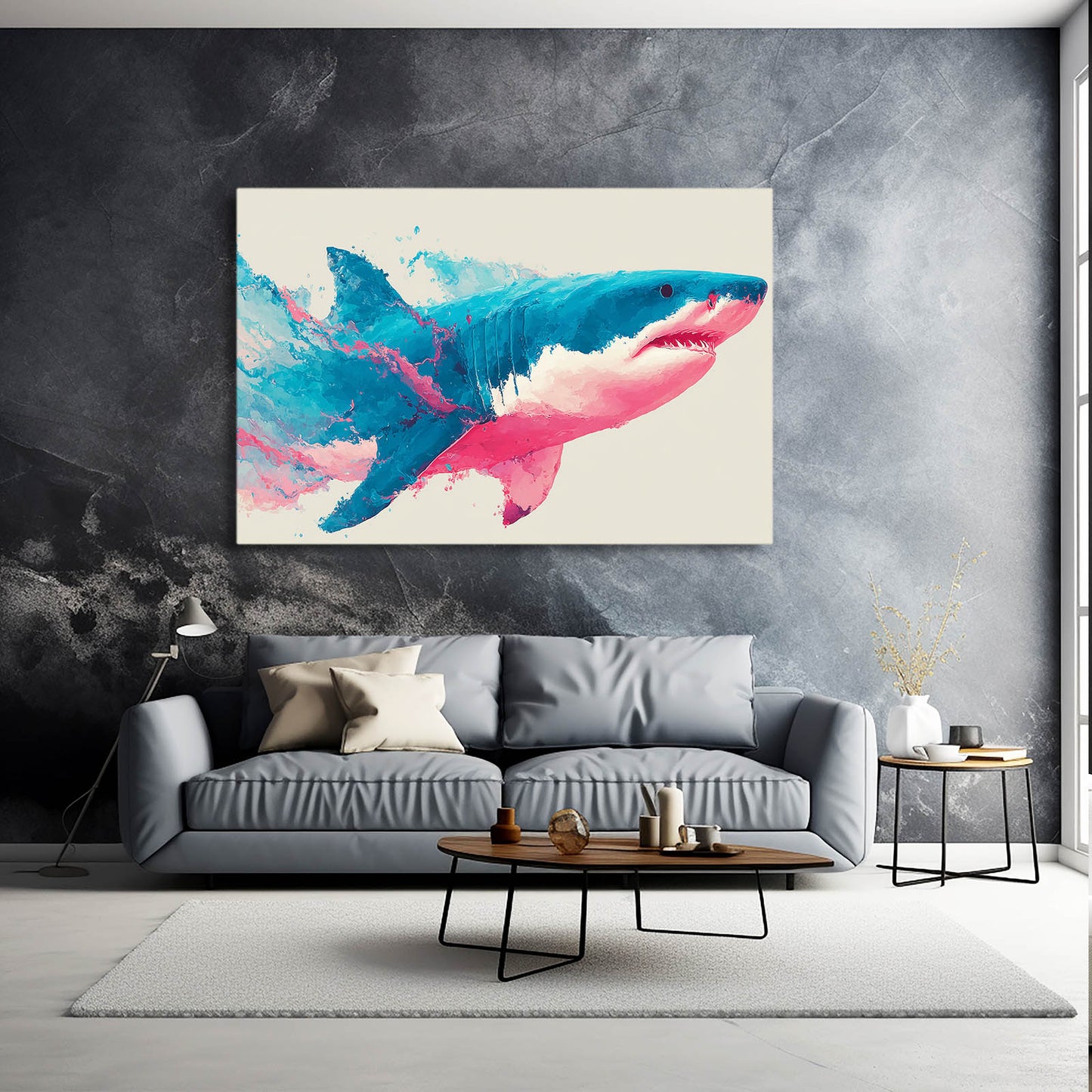 Pink and Teal Watercolor Shark Art – styled in a furnished interior