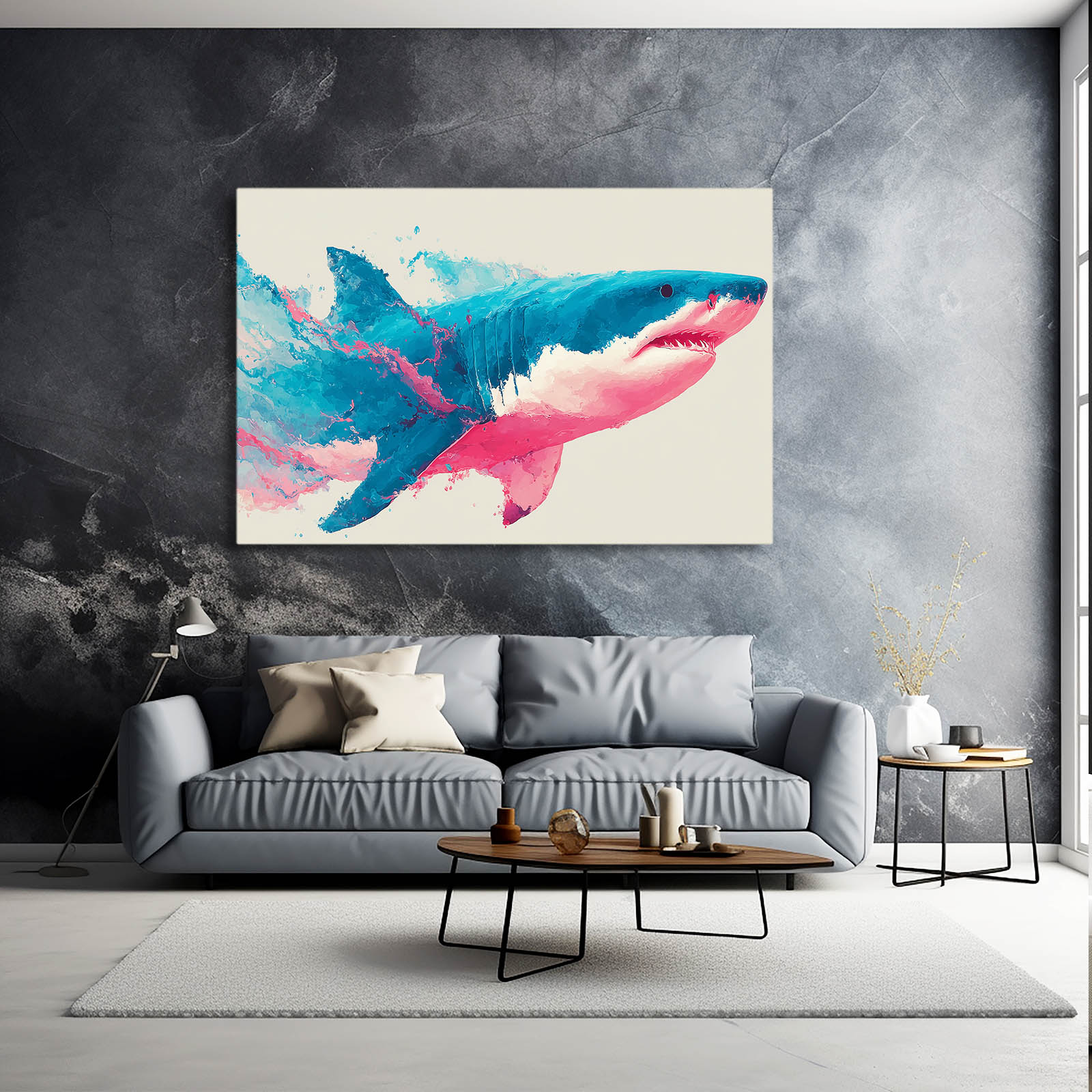 Pink and Teal Watercolor Shark Art – styled in a furnished interior