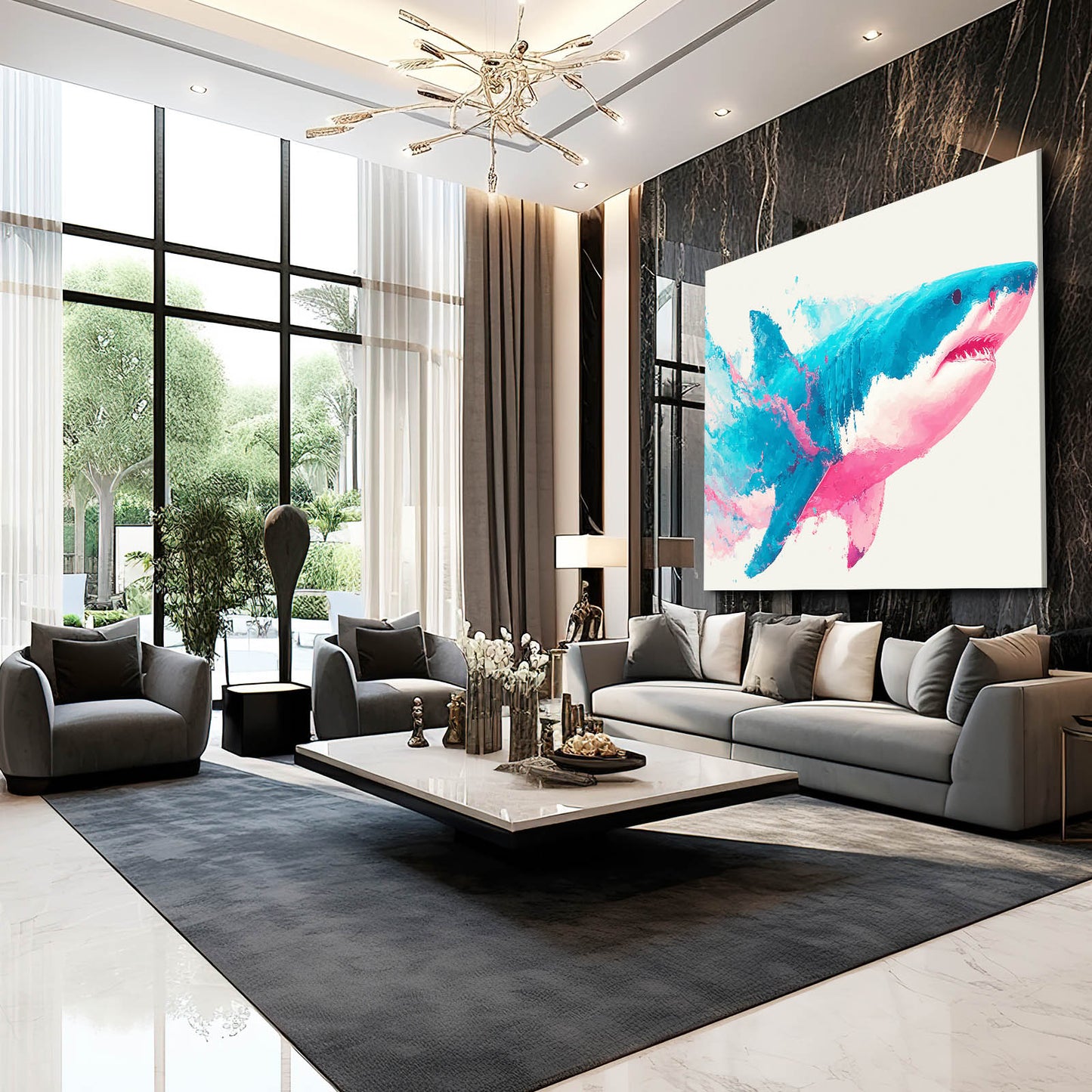 Pink and Teal Watercolor Shark Art – styled in a furnished interior
