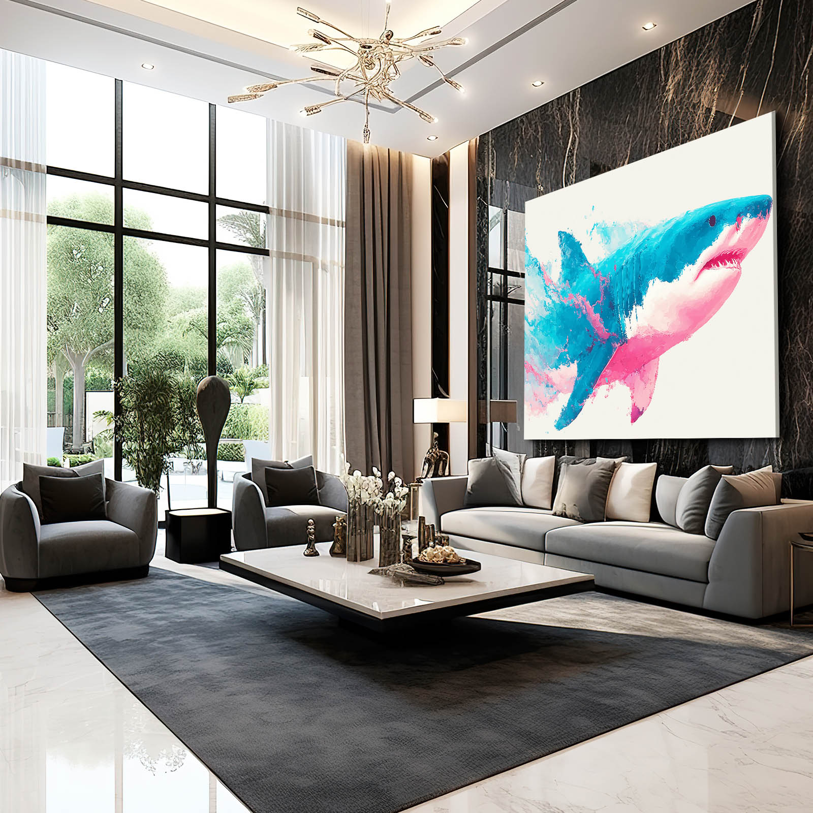 Pink and Teal Watercolor Shark Art – styled in a furnished interior